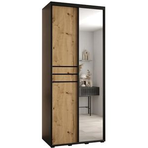 MEBLE KRYSPOL Davos 11 110 Kledingkast met twee schuifdeuren voor slaapkamer - Moderne Kledingkast met spiegel, kledingroede en planken - 235,2x110x45 cm - Zwart Artisan Black