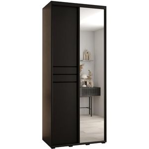 MEBLE KRYSPOL Davos 11 110 Kledingkast met twee schuifdeuren voor slaapkamer - Moderne Kledingkast met spiegel, kledingroede en planken - 235,2x110x45 cm - Zwart Zwart Zwart