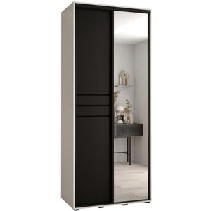 MEBLE KRYSPOL Davos 11 110 Kledingkast met twee schuifdeuren voor slaapkamer - Moderne Kledingkast met spiegel, kledingroede en planken - 235,2x110x60 cm - Wit Zwart Zwart