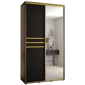 MEBLE KRYSPOL Davos 11 130 Kledingkast met twee schuifdeuren voor slaapkamer - Moderne Kledingkast met spiegel, kledingroede en planken - 235,2x130x60 cm - Zwart Zwart Goud