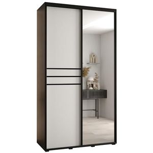 MEBLE KRYSPOL Davos 11 140 Kledingkast met twee schuifdeuren voor slaapkamer - Moderne Kledingkast met spiegel, kledingroede en planken - 235,2x140x45 cm - Zwart Wit Zwart