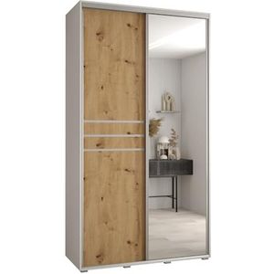 MEBLE KRYSPOL Davos 11 140 Kledingkast met twee schuifdeuren voor slaapkamer - Moderne Kledingkast met spiegel, kledingroede en planken - 235,2x140x60 cm - Wit Artisan Silver