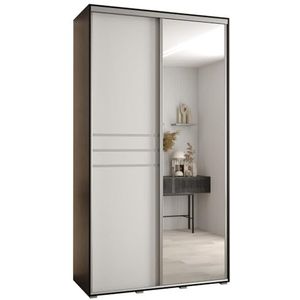 MEBLE KRYSPOL Davos 11 140 Kledingkast met twee schuifdeuren voor slaapkamer - Moderne Kledingkast met spiegel, kledingroede en planken - 235,2x140x60 cm - Zwart Wit Zilver