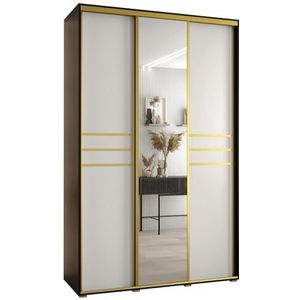 MEBLE KRYSPOL Davos 11 150 Kledingkast met drie schuifdeuren voor slaapkamer - Moderne Kledingkast met spiegel, kledingroede en planken - 235,2x150x60 cm - Zwart Wit Goud
