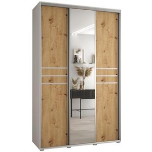 MEBLE KRYSPOL Davos 11 160 Kledingkast met drie schuifdeuren voor slaapkamer - Moderne Kledingkast met spiegel, kledingroede en planken - 235,2x160x45 cm - Wit Artisan Silver