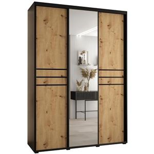 MEBLE KRYSPOL Davos 11 180 Kledingkast met drie schuifdeuren voor slaapkamer - Moderne Kledingkast met spiegel, kledingroede en planken - 235,2x180x45 cm - Zwart Artisan Black