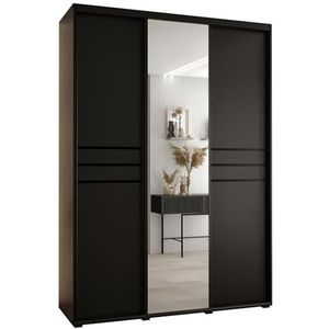MEBLE KRYSPOL Davos 11 180 Kledingkast met drie schuifdeuren voor slaapkamer - Moderne Kledingkast met spiegel, kledingroede en planken - 235,2x180x60 cm - Zwart Zwart Zwart