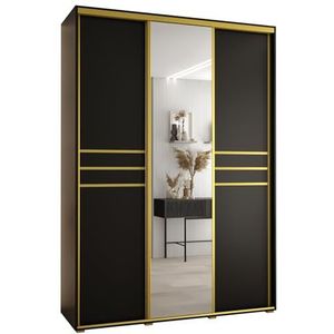 MEBLE KRYSPOL Davos 11 180 Kledingkast met drie schuifdeuren voor slaapkamer - Moderne Kledingkast met spiegel, kledingroede en planken - 235,2x180x60 cm - Zwart Zwart Goud