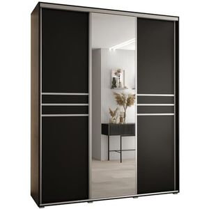 MEBLE KRYSPOL Davos 11 190 Kledingkast met drie schuifdeuren voor slaapkamer - Moderne Kledingkast met spiegel, kledingroede en planken - 235,2x190x45 cm - Zwart Zwart Zilver