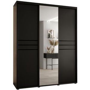 MEBLE KRYSPOL Davos 11 190 Kledingkast met drie schuifdeuren voor slaapkamer - Moderne Kledingkast met spiegel, kledingroede en planken - 235,2x190x60 cm - Zwart Zwart Zwart