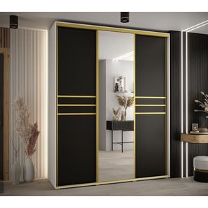 MEBLE KRYSPOL Davos 11 200 Kledingkast met drie schuifdeuren voor slaapkamer - Moderne Kledingkast met spiegel, kledingroede en planken - 235,2x200x45 cm - Wit Zwart Goud