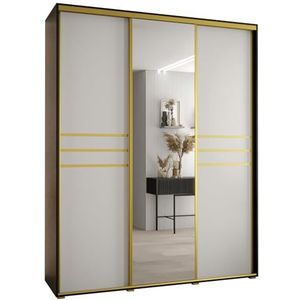 MEBLE KRYSPOL Davos 11 200 Kledingkast met drie schuifdeuren voor slaapkamer - Moderne Kledingkast met spiegel, kledingroede en planken - 235,2x200x45 cm - Zwart Wit Goud