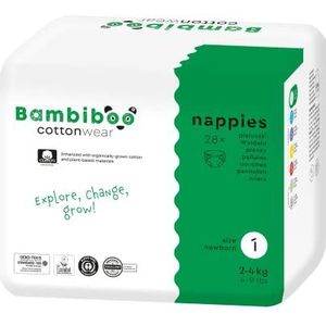Bambiboo - COTTONWEAR Babyluiers - Wegwerpluiers - Maat 1 Newborn (2-4kg) met Naveluitsnijding - met Biologisch Katoen, Plantaardige Stoffen, 3D Ruches - Geurvrij, Chloorvrij - 28 stuks