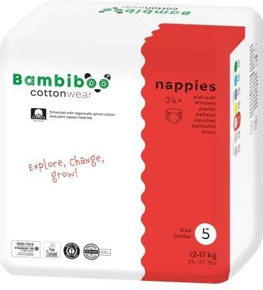 Bambiboo Cottonwear Maat 5 Junior - Biologische luiers - Premium babyluiers - Gecertificeerde luiers - Ademend - Super Soft luiers - Eco-wegwerp - 12-17 kg 24 luiers