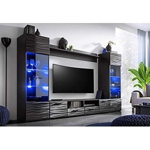 Tv-meubel MODIC van 260 cm, montagewand, woonkamerset, vitrine, lage kast, hoogglans zwart, led