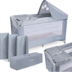Moby-System 2-in-1 box en opvouwbaar paraplubed, 2 niveaus van hoge matras, 0-6 maanden (15 kg), onderkant 6-36 maanden (25 kg), reisbed, transporttas, spel voor baby's, CE-conform, grijs