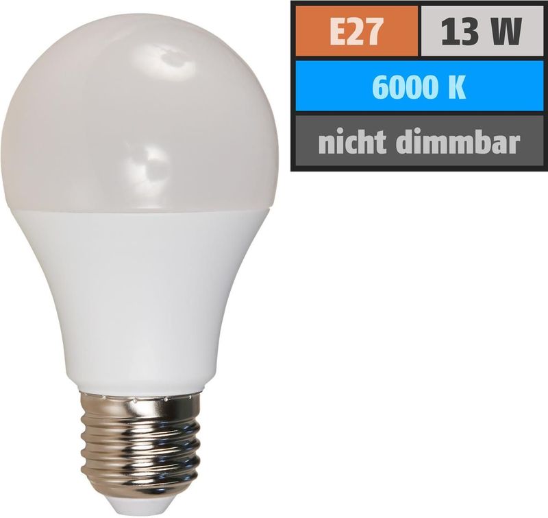 LED Gl&#252;hlampe Premium, E27, 13W, 1300lm, 200°, 6000K, tageslichtwei&#223;, Ø60x139mm