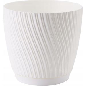 Form Plastic Plantenpot/bloempot Waves - kunststof - ivoor wit - D17 x H15 cm - met schotel - Plantenpotten