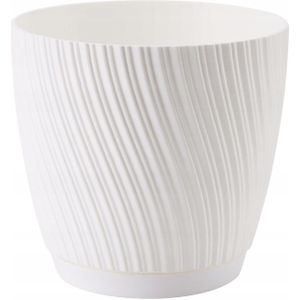 Form Plastic Plantenpot/bloempot Waves - kunststof - ivoor wit - D19 x H17 cm - met schotel