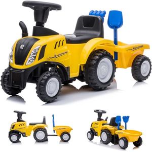 Loopauto Kinderschuifauto New Holland, tractor met aanhanger, kindervoertuig loopauto met claxon, kunststof (Geel)