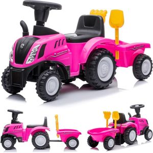 Loopauto Kinderschuifauto New Holland, tractor met aanhanger, kindervoertuig loopauto met claxon, kunststof (Roze)