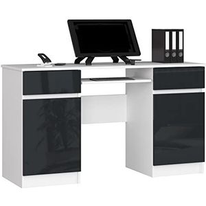 PC-bureau A5 met toetsenbordlade, kantoorbureau, computertafel met toetsenbordlade, 2 laden en 2 deurplanken, 135 x 77 x 50 cm, 58 kg, wit/grafiet glanzend