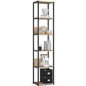 AKORD Metalen rek, 40 cm, boekenkast, ruimtebesparend, 6 planken, metalen planken, robuust, stabiel, multifunctionele kast, modern zwart, Sonoma eiken