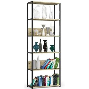 AKORD Boekenkast met 6 planken 70 cm breed | industrial/loftstijl | open | skeletconstructie | staand rek | hout / metaal | voor keuken, slaapkamer, kantoor | plank met metalen frame |