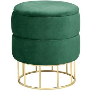 Ronde Fluwelen Poef Elza in Flessengroen met Gouden Basis, Opbergfunctie - Zelfmontage, Luxe Design