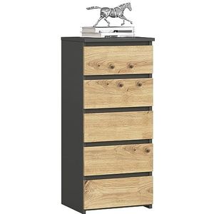 AKORD Commode met 5 schuifladen, rolladen, ladekast, kledingkast, dressoir met plank, robuust, universeel design, grafietgrijs Artisan eiken