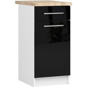 AKORD Keukenkast met werkblad - Oliwia S40, keukenonderkast met deur, lade en 2 legplanken, onderkast keuken, 40 cm breed, ABS-rand 18 mm, 46 x 40 x 85 cm, wit, zwart glanzend