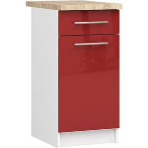 AKORD Keukenkast met werkblad - Oliwia S40, keukenonderkast met deur, lade en 2 legplanken, onderkast keuken, 40 cm breed, ABS-rand 18 mm, 46 x 40 x 85 cm, wit, glanzend rood
