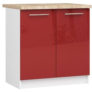 AKORD Oliwia S80 Keukenkast met werkblad, keukenonderkast met 2 deuren en 2 legplanken, onderkast keuken 80 cm breed, ABS-rand 18 mm, 46 x 80 x 85 cm, wit, glanzend rood