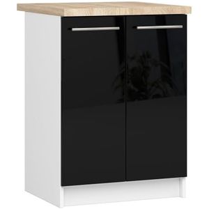 AKORD Keukenkast met werkblad - Oliwia S60, keukenonderkast met 2 deuren en 2 legplanken, onderkast keuken 60 cm breed, ABS-rand 18 mm, 46 x 60 x 85 cm, wit, glanzend zwart