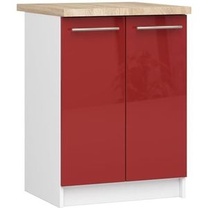 AKORD Keukenkast met werkblad - Oliwia S60, keukenonderkast met 2 deuren en 2 legplanken, onderkast keuken 60 cm breed, ABS-rand 18 mm, 46 x 60 x 85 cm, wit, glanzend rood