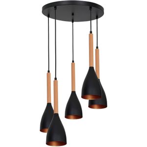 Luminex Hanglamp Muza 5-lamps rond zwart/goud/hout licht