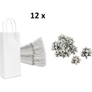 12 x Wijntas 14+8x39cm voor 1 Fles Wit + 12 X Ster Mat Zilver 6cm Flestas papier / Cadeauverpakking /draagtas voor Fles/wijn / Fleszak · Fles zak /