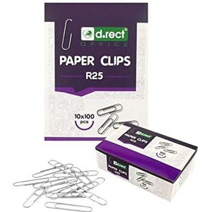 D.RECT pak van 1000 metalen kantoorpaperclips 25 mm, briefclips, gegalvaniseerde kantoor paperclips, 10 x 100 stuks, zilver