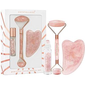 Crystallove - Rozenkwarts - Gezichtsmassage - Luxe Set - Inclusief Gua Sha en Glazen Flesje