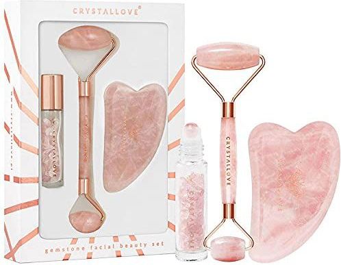 Crystallove - Rozenkwarts - Gezichtsmassage - Luxe Set - Inclusief Gua Sha en Glazen Flesje
