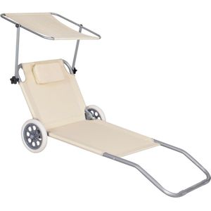 Springos Ligbed | Ligstoel | Strandstoel | Zonnebed | Verrijdbaar | Inclusief Luifel | Beige