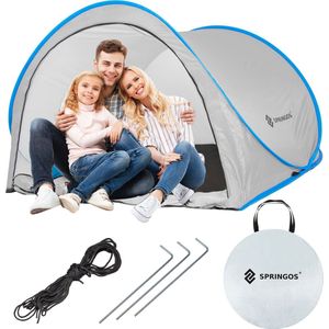 Springos Strandtent | Pop-Up Strandtent | UV Filter | Inclusief Draagtas | 120 x 200 x 110 cm | Grijs/Blauw