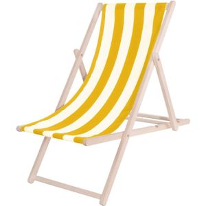 Springos | Ligbed | Strandstoel | Ligstoel | Verstelbaar | Beukenhout | Handgemaakt | Geel/Wit