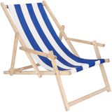 Ligbed | Strandstoel | Ligstoel | Verstelbaar | Arm Leuning | Beukenhout | Handgemaakt | Blauw Wit