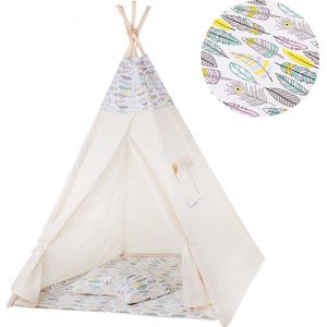 Springos Tipi Tent | Wigwam Speeltent | 120x100x180 cm | Met Mat en Kussens | Veren