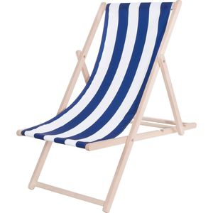 Springos Strandstoel - Verstelbaar - Beukenhout - Hangemaakt - Blauw/Wit