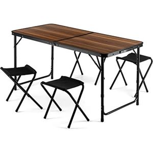 Outtec Campingtafel met 4 stoelen, hoogte draagbare inklapbare grilltafel 120 x 60 cm draaggreep, aluminium klaptafel, inklapbare krukken voor camping, picknick, barbecue, tuin (hout)