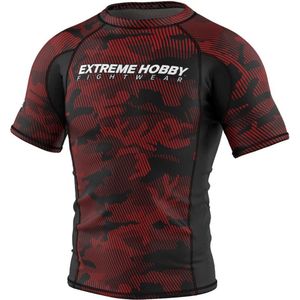 Extreme Hobby - Grappling Rashguard met korte mouwen- MMA / BJJ Compressie Shirt - Havoc Red - Rood, Zwart - Maat L