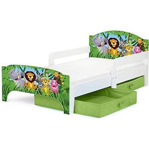 Leomark Smart Eenpersoonsbed voor kinderen met laden, 140/70 cm (matras) eenvoudige montage, voor kleine ruimtes, wit (thema: Jungle animals)