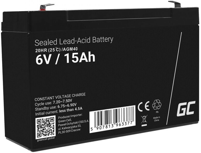 Green Cell AGM40, 6 V, 1 Stück(e), Schwarz, 15 Ah, 1,8 kg, 151 mm